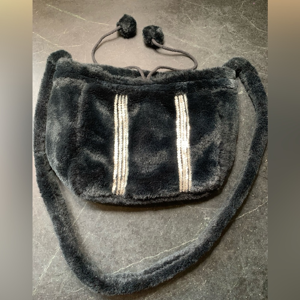 SPY-C | Black Faux Fur Bag/Purse with Silver Sequin And Pompom trim